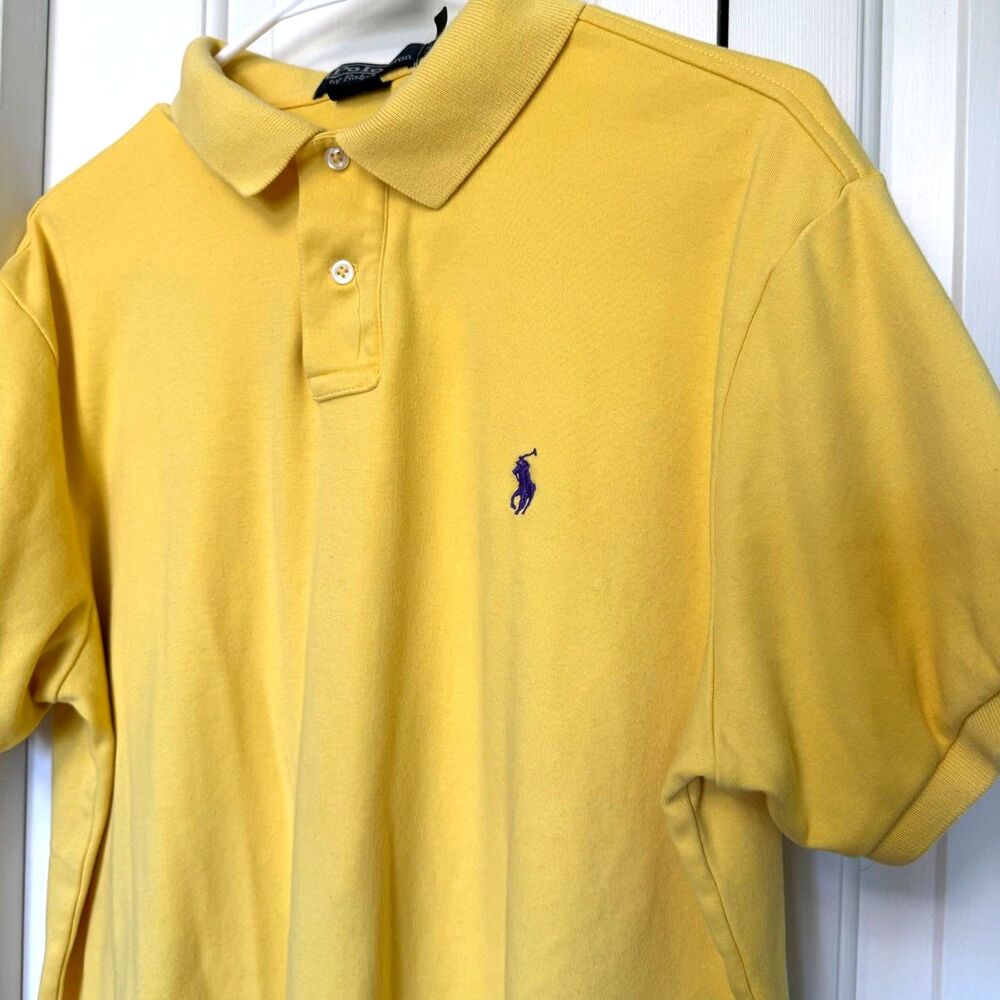 Polo Ralph Lauren Polo Shirt Custom Fit Cotton Size L Yellow Navy Blue Pony